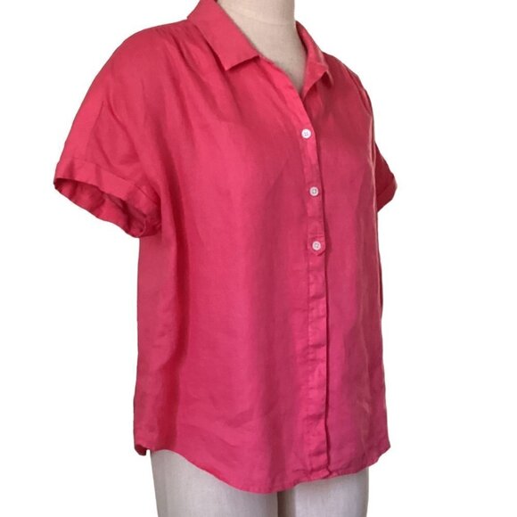 J. Jill Linen Short Sleeve Button Down Shirt Sz Petite Large Pink 68K - Picture 2 of 8